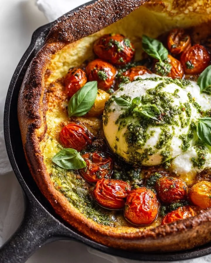 Blistered Tomato and Burrata Savory Dutch Baby topped with fresh ingredients