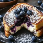 Blueberry cheesecake stuffed French toast topped with fresh blueberries