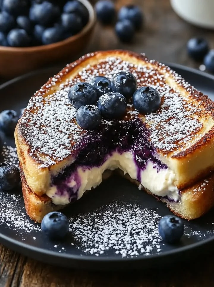 Blueberry cheesecake stuffed French toast topped with fresh blueberries
