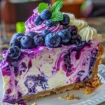 Blueberry lemon swirl cheesecake dessert with fresh blueberries on top