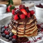 Stack of blueberry pancakes topped with chocolate ganache and berry sauce.