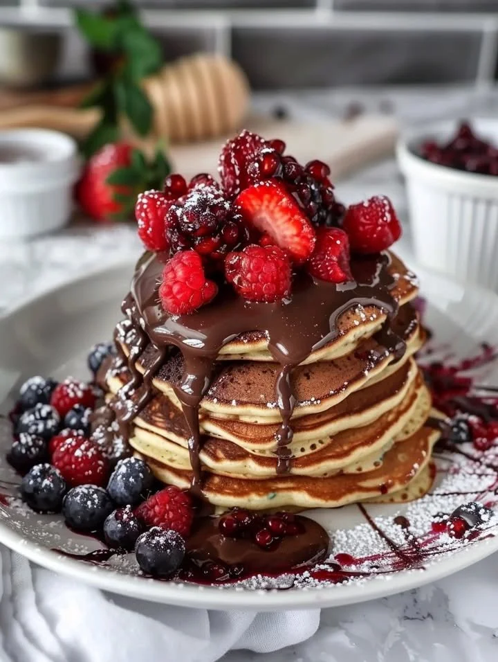 Stack of blueberry pancakes topped with chocolate ganache and berry sauce.