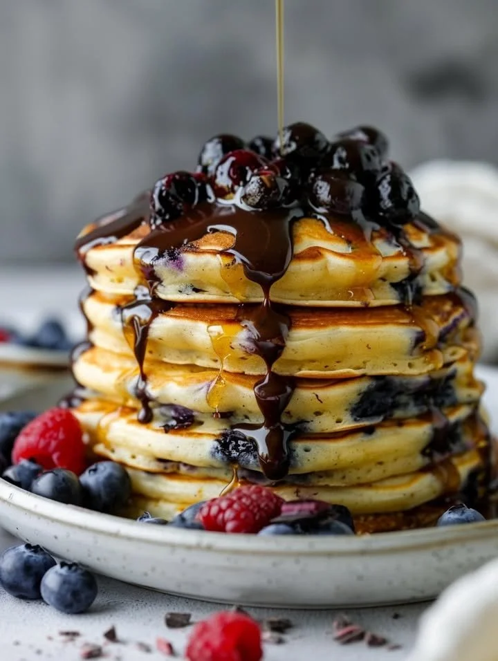 Delicious blueberry pancakes drizzled with chocolate ganache and topped with berry sauce.
