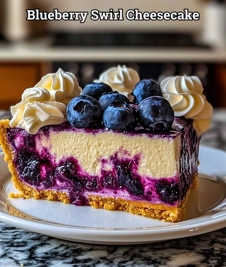 Blueberry swirl cheesecake topped with fresh blueberries and a graham cracker crust.