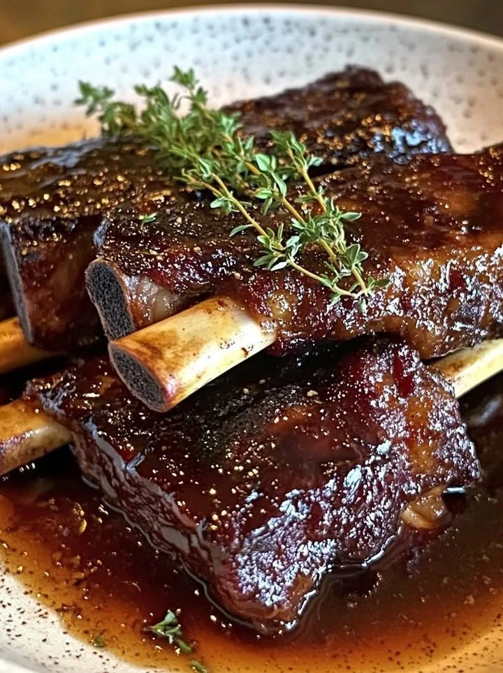 Delicious braised beef short ribs served with rich sauce and garnished