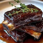 Delicious braised beef short ribs served with vegetables and sauce