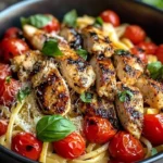 Plate of Bruschetta Chicken Pasta topped with fresh basil and tomatoes.