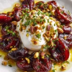 Burrata cheese topped with roasted plums, pistachios, and fresh thyme.