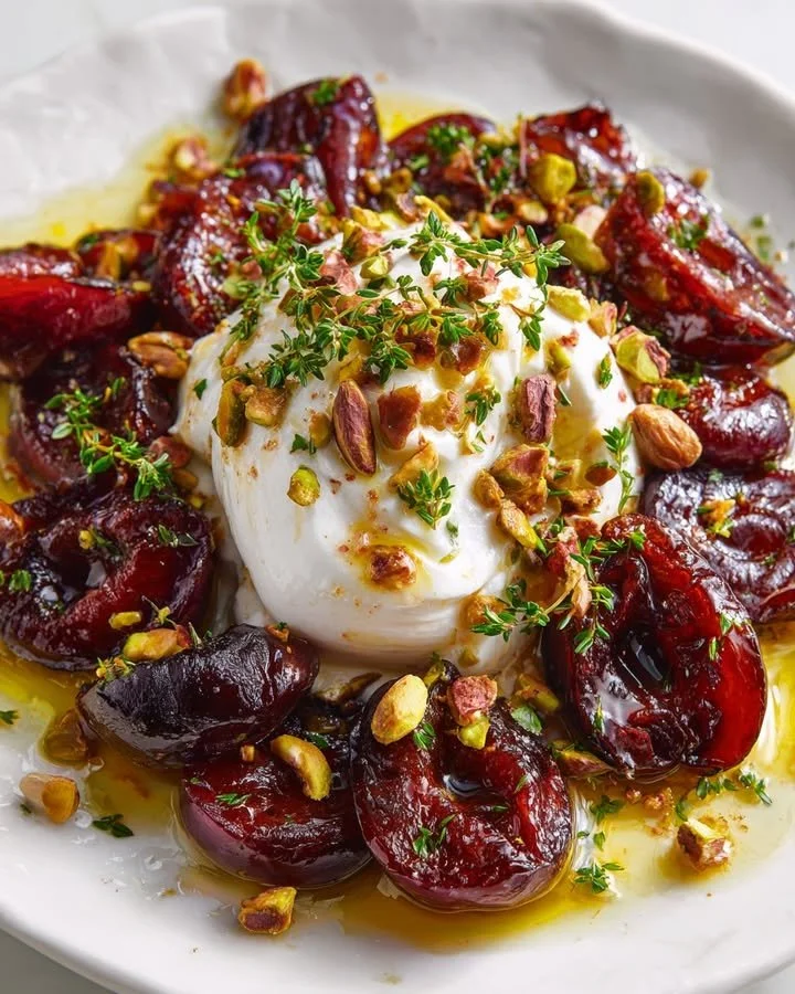 Burrata cheese topped with roasted plums, pistachios, and fresh thyme.