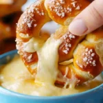 Buttery soft pretzels served with a creamy cheese dip for dipping