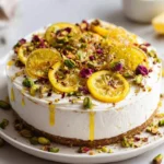 Candied lemon topped with whipped feta and pistachio-chili crumble on a plate.