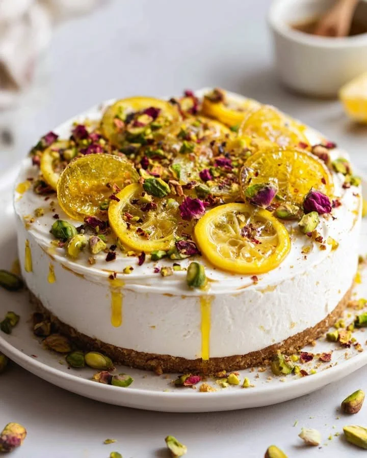 Candied lemon topped with whipped feta and pistachio-chili crumble on a plate.