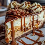 Slice of Caramel Chocolate Coffee Cheesecake with chocolate drizzle and coffee beans