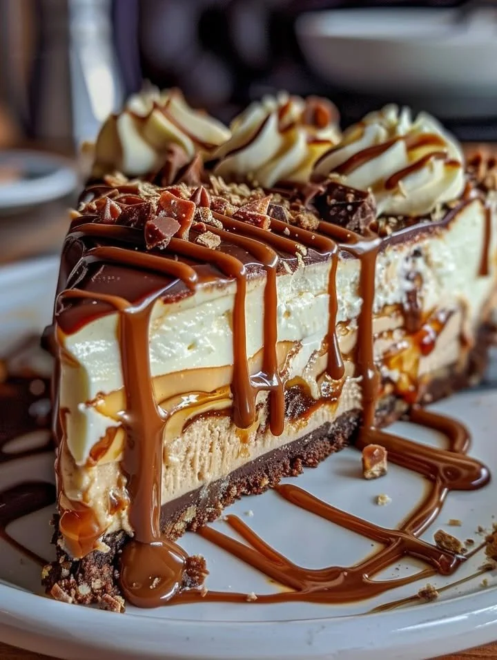 Slice of Caramel Chocolate Coffee Cheesecake with chocolate drizzle and coffee beans