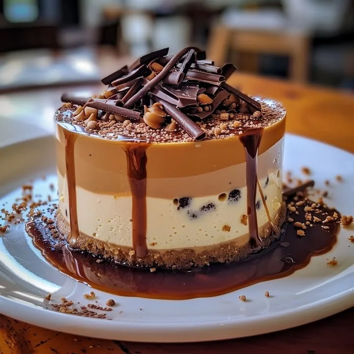 Caramel Chocolate Coffee Cheesecake Mousse topped with chocolate drizzle and coffee beans.