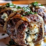 Caramelized onion and blue cheese stuffed meatballs on a serving platter