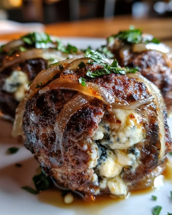 Caramelized onion and blue cheese stuffed meatballs on a serving platter
