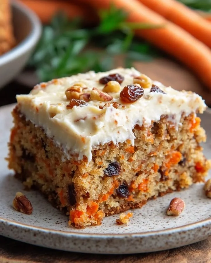 Delicious Carrot Raisin Oatmeal Yogurt Cake topped with carrots and raisins