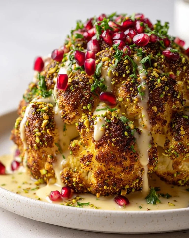 A vibrant cauliflower volcano dish ready to taste, showcasing its explosive flavors