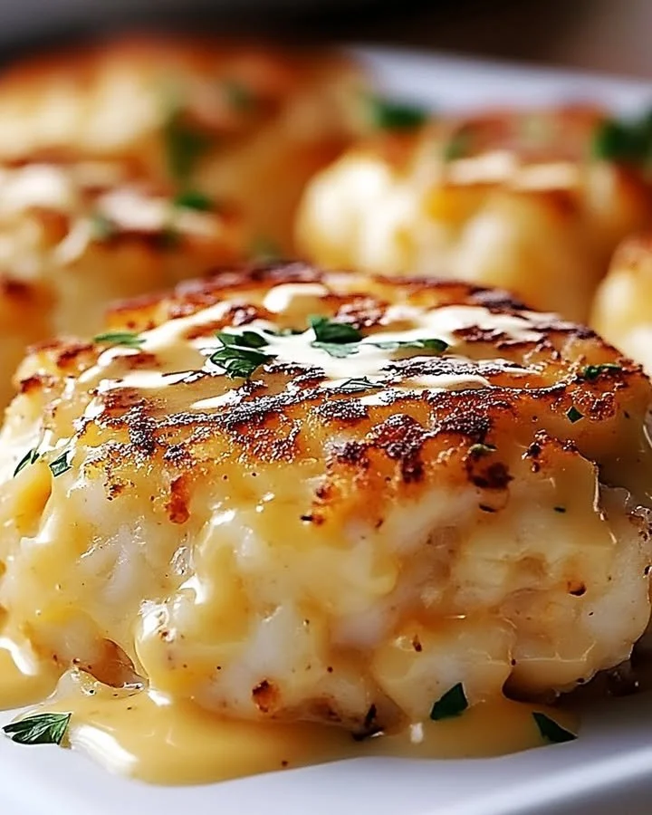Delicious Cheddar Bay crab cakes with a lemon butter drizzle served on a plate.