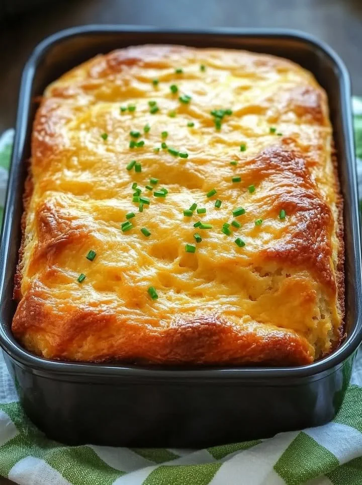 Freshly baked cheddar cheese quick bread loaf on a wooden cutting board