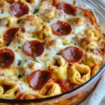 Cheese Tortellini Pepperoni Pizza Casserole served in a baking dish