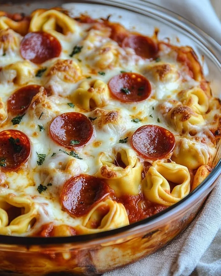 Cheese Tortellini Pepperoni Pizza Casserole served in a baking dish