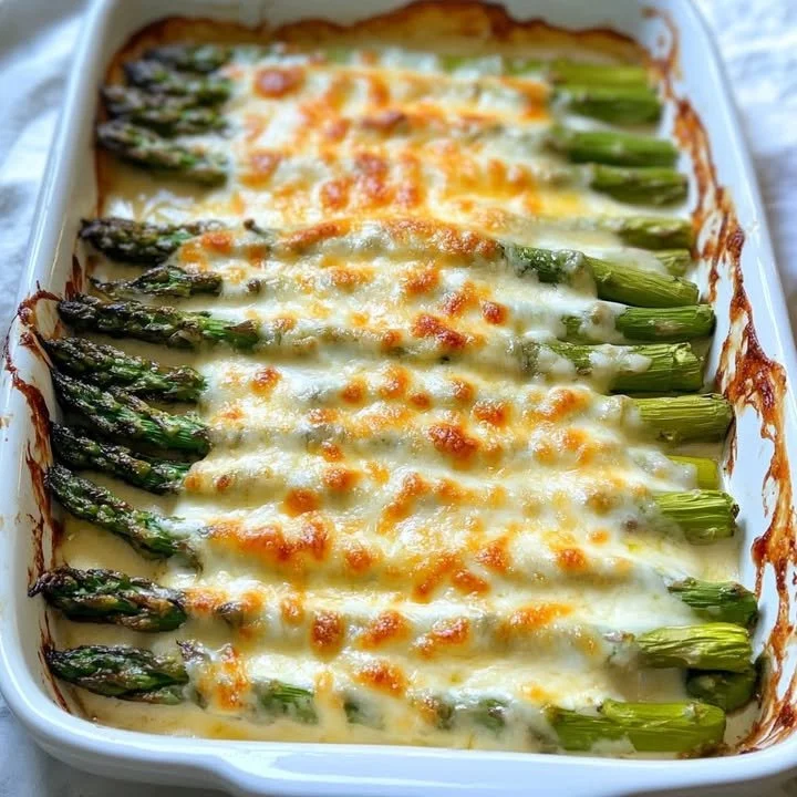 Delicious cheesy baked asparagus served on a plate