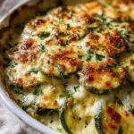 Delicious cheesy baked zucchini gratin in a baking dish