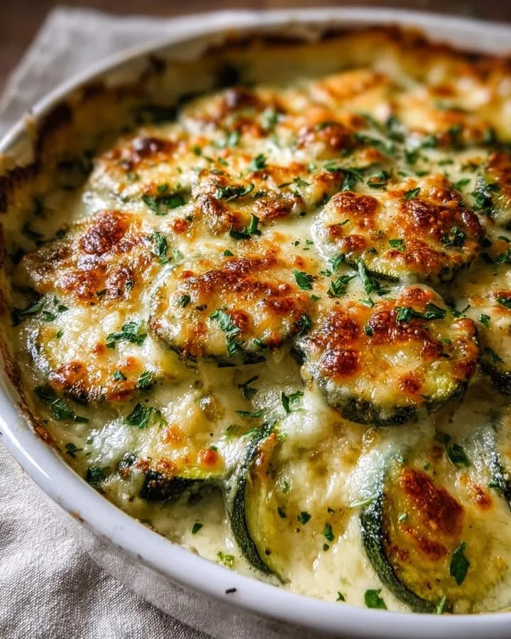 Delicious cheesy baked zucchini gratin in a baking dish