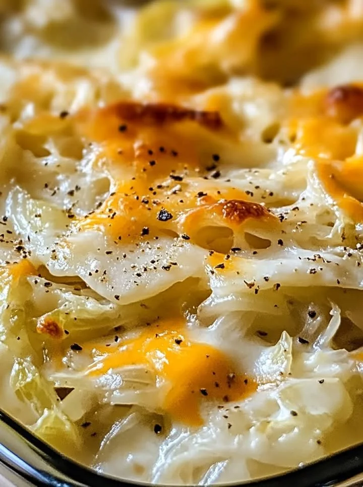 Cheesy Cabbage Casserole baked dish topped with melted cheese