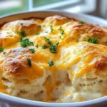 Cheesy Chicken Biscuit Casserole topped with golden biscuits and creamy sauce