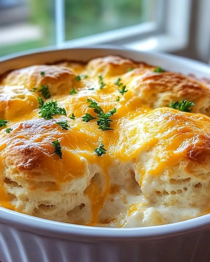 Cheesy Chicken Biscuit Casserole topped with golden biscuits and creamy sauce