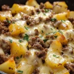 Cheesy beef skillet with ground beef and potatoes cooked in a pan.