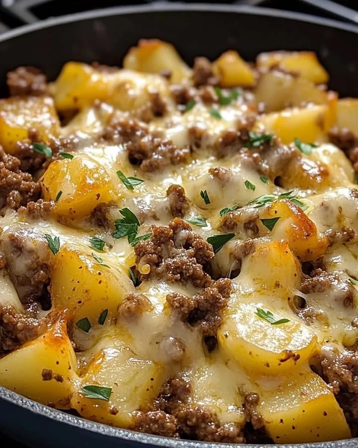 Cheesy beef skillet with ground beef and potatoes cooked in a pan.