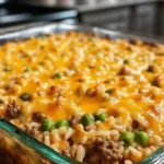 Cheesy ground beef rice casserole in a baking dish topped with melted cheese