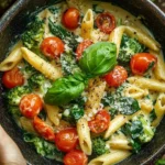 A delicious serving of Cheesy Penne topped with cherry tomatoes, spinach, and broccoli
