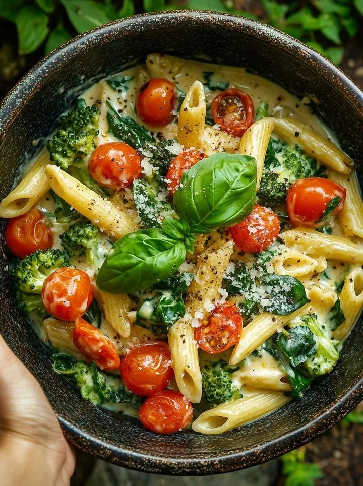A delicious serving of Cheesy Penne topped with cherry tomatoes, spinach, and broccoli