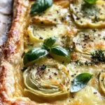 Cheesy puff pastry filled with artichokes and herbs on a wooden board