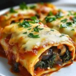 Cheesy vegan mushroom and spinach lasagna rolls served on a plate