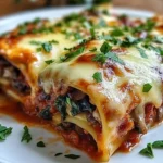 Cheesy vegan mushroom and spinach lasagna rolls served in a dish.