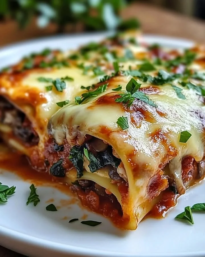 Cheesy vegan mushroom and spinach lasagna rolls served in a dish.