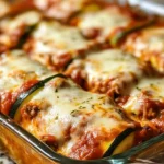Cheesy Zucchini Lasagna Roll-Ups filled with marinara sauce