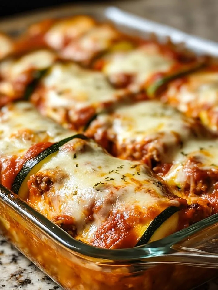 Cheesy Zucchini Lasagna Roll-Ups filled with marinara sauce