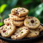 Delicious Cherry Pistachio Shortbread Cookies on a baking tray.