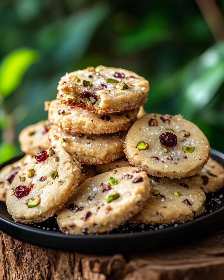 Delicious Cherry Pistachio Shortbread Cookies on a baking tray.