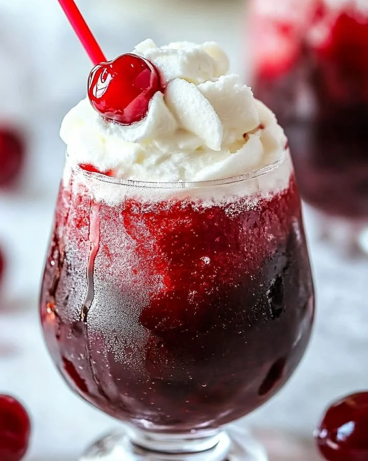 Chilled Cherry Rum Slushie in a glass, garnished with cherries and ice