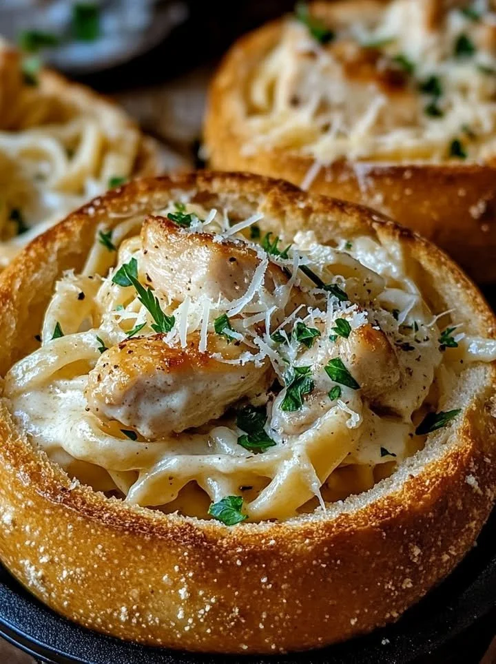 Garlic bread bowl filled with creamy chicken alfredo pasta.