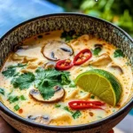 Bowl of flavorful Chicken Coconut Soup garnished with herbs and spices