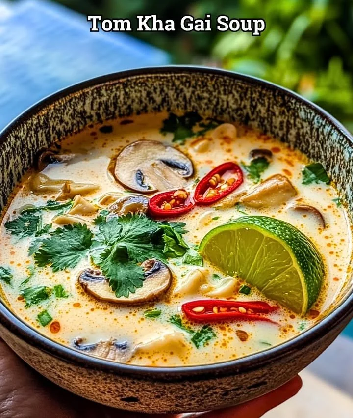 Bowl of flavorful Chicken Coconut Soup garnished with herbs and spices